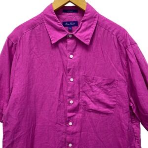 Alan Flusser Linen Shirt Mens Medium Magenta Purple Short Sleeve Button Down